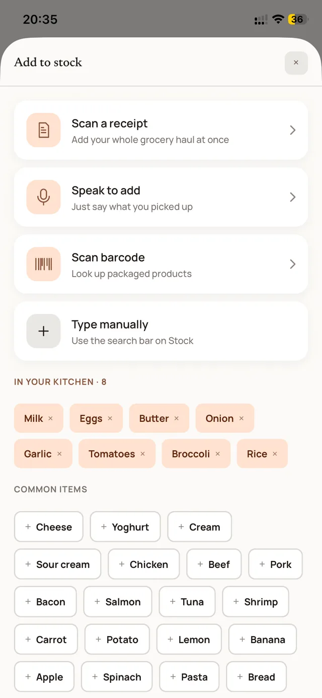 Add to stock screen with quick-add options