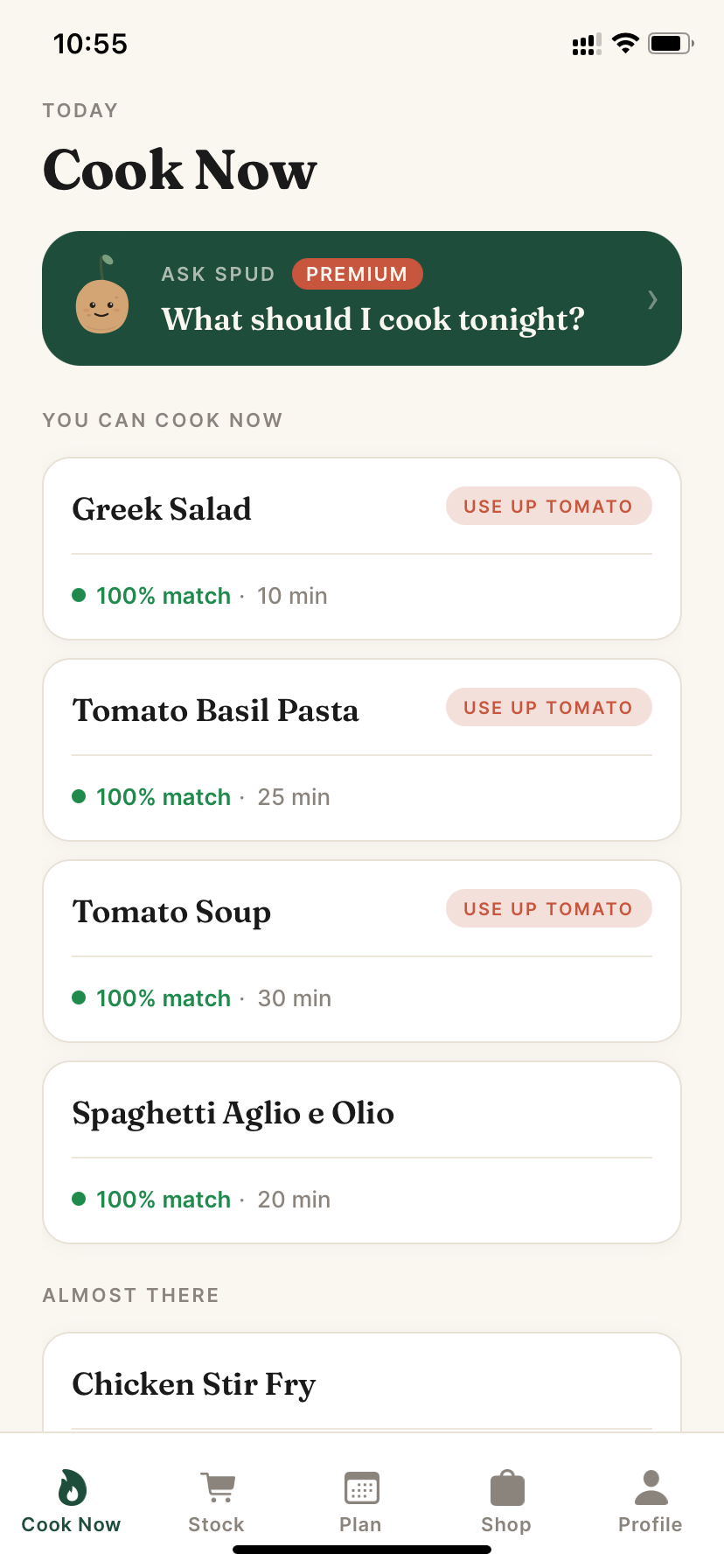 Cook Now screen showing recipes matched to your ingredients